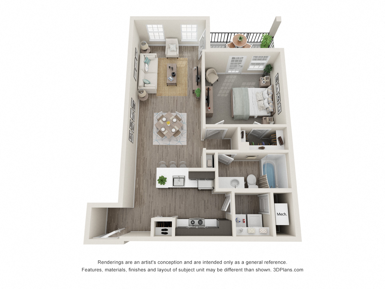 Elm 1 Bed 1 Bath Floor Plan at Village Place Apartments, Illinois, 60446